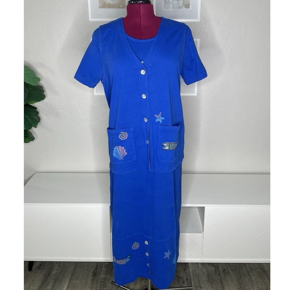 Focus Maxi Dress Vest Set Women Large Blue Cotton Coastal Fish Shell Vintage